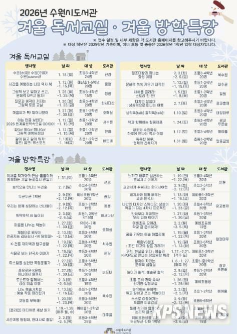 수원시도서관 2026년 겨울방학 독서문화프로그램 홍보물